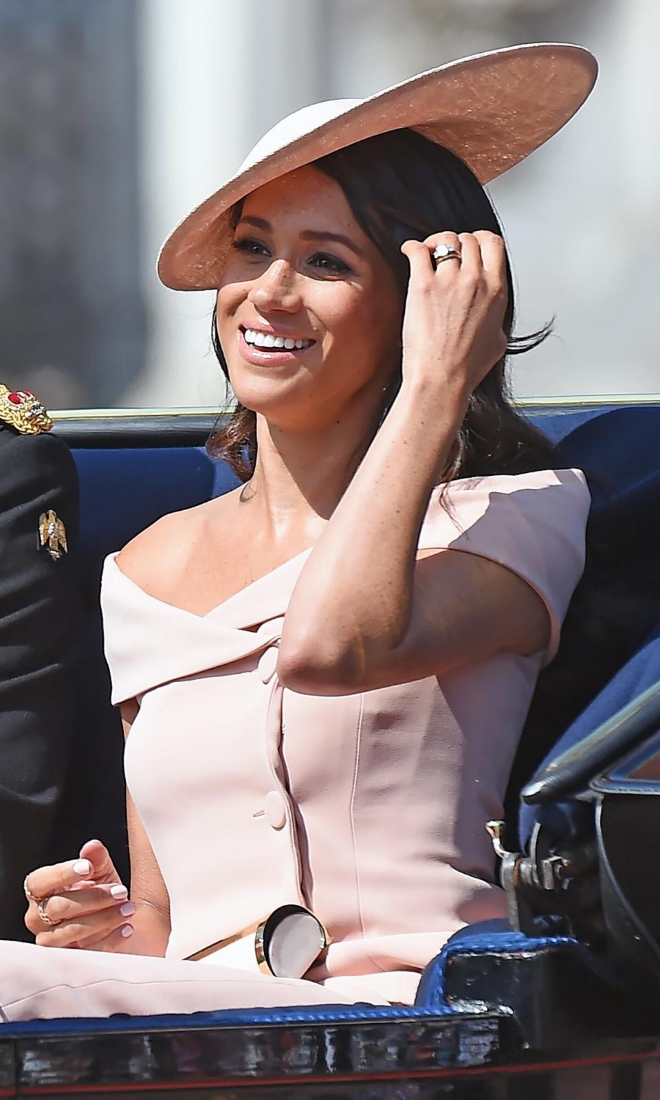 Meghan, Duchess of Sussex travel sin an open carriage to the Trooping the Colour ceremony on June 09, 2018 in London, England