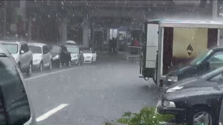 阿里山森林遊樂區12日下午降下冰雹，當地商家拍到雨水夾雜大小不一的冰雹，敲打在汽車車頂。（中央社/業者王明忠提供）