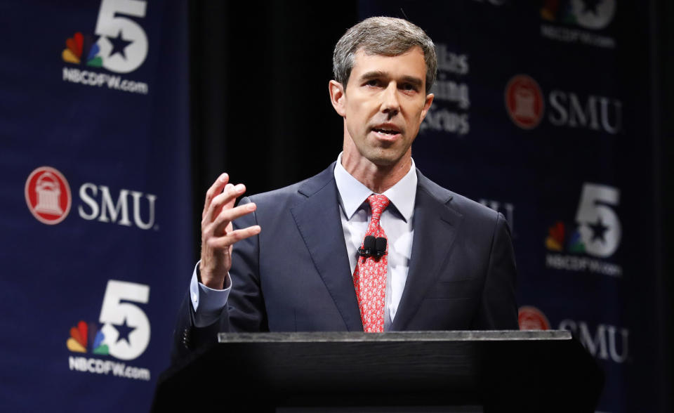 Democratic U.S. Representative Beto O'Rourke takes part in in a debate for the Texas U.S. Senate with Republican U.S. Sen. Ted Cruz, in Dallas, Friday, Sept. 21, 2018. (Tom Fox/The Dallas Morning News via AP, Pool)