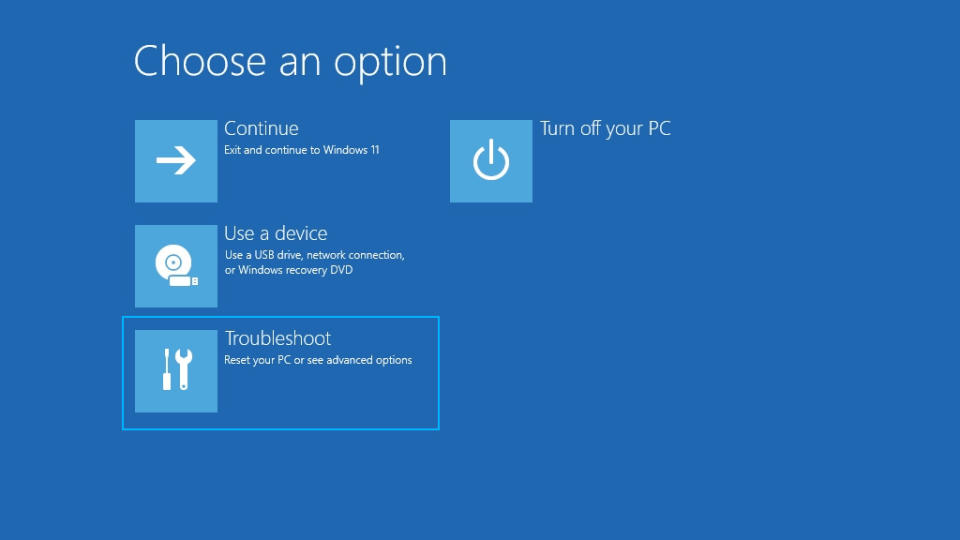 Windows 11 Troubleshooting menu accessing UEFI BIOS