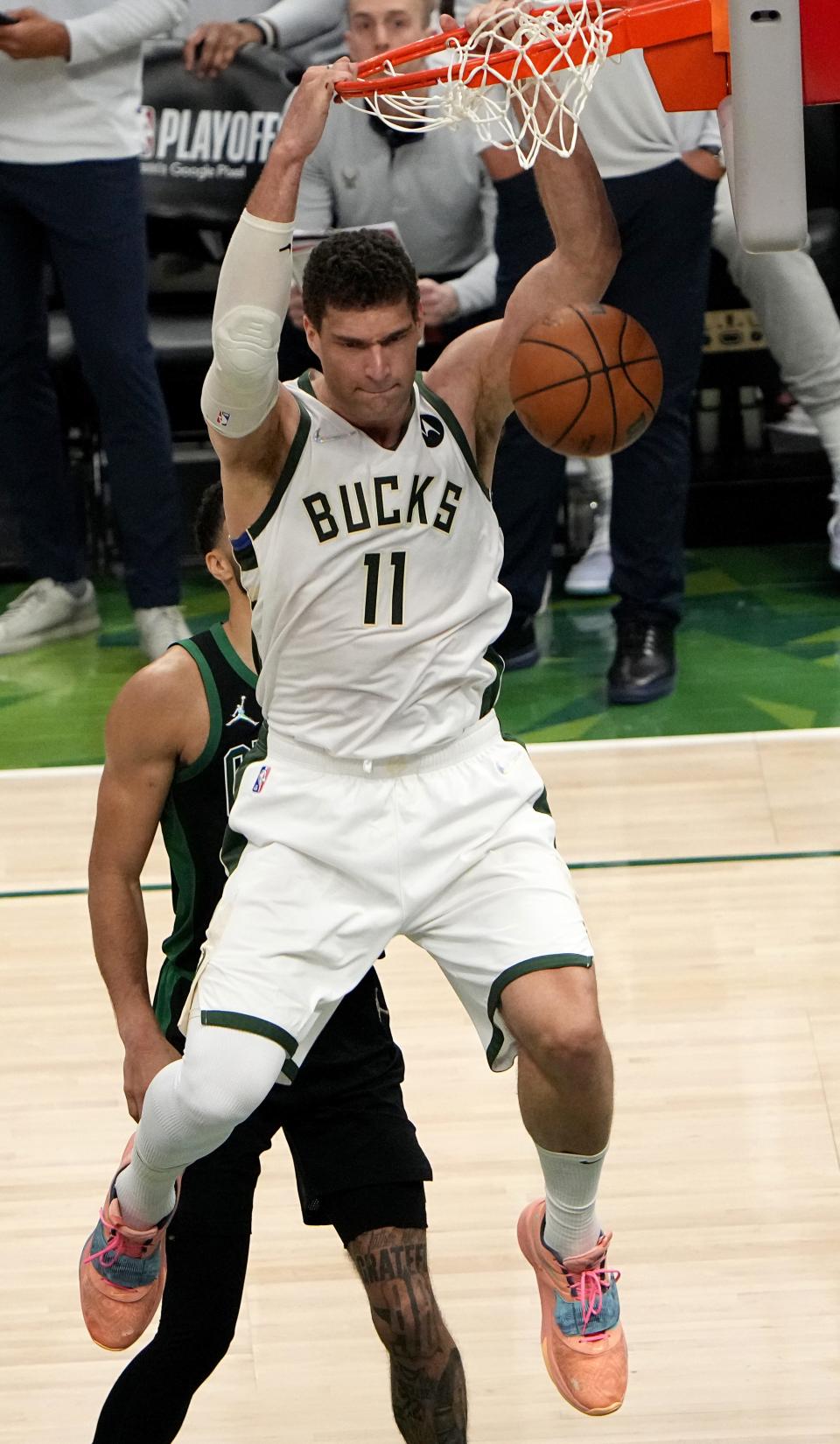 Milwaukee Bucks center Brook Lopez (11) scores during the second half of their playoff game Monday, May 9, 2022 at Fiserv Forum in Milwaukee, Wis. The Boston Celtics beat the Milwaukee Bucks 116-108.