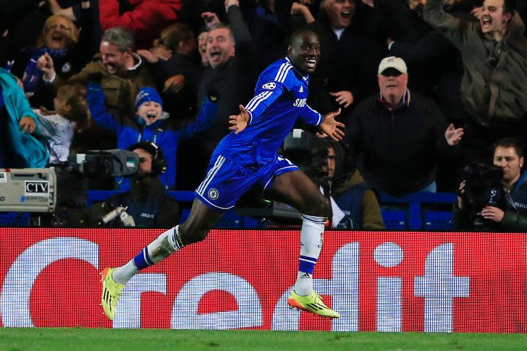 Chelsea's Demba Ba celebrates scoring a goal during their UEFA Champions League quarter-final second leg match against PSG, at Stamford Bridge in London, on April 8, 2014