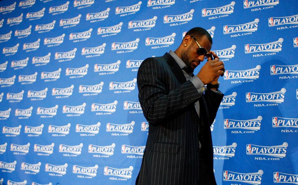 BOSTON - MAY 18: LeBron James #23 of the Cleveland Cavaliers walks away from the microphones after his post game news conference following the Cavs 97-92 loss against the Boston Celtics in Game Seven of the Eastern Conference Semifinals during the 2008 NBA Playoffs at the TD Banknorth Garden May 18, 2008 in Boston, Massachusetts.&nbsp;