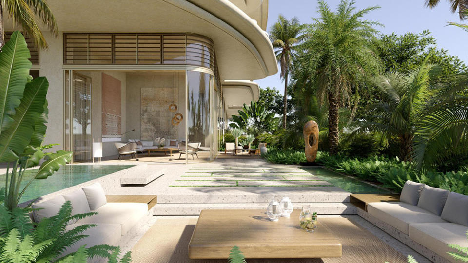 An on-site rendering of the outdoor ground, complete with a pool and lounge area. - Credit: Aman Resorts