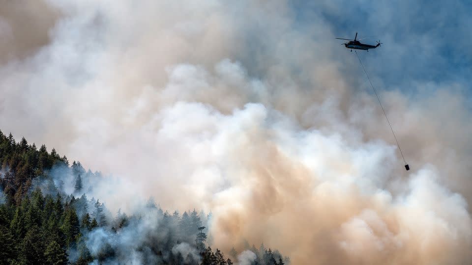 A helicopter waterbomber flies above the Cameron Bluffs wildfire near Port Alberni, British Columbia, Canada, on Tuesday, June 6, 2023.  - James MacDonald/Bloomberg/Getty Images