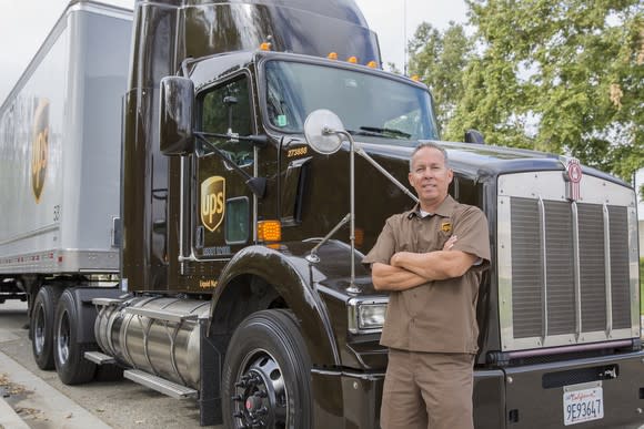 UPS truck and driver.