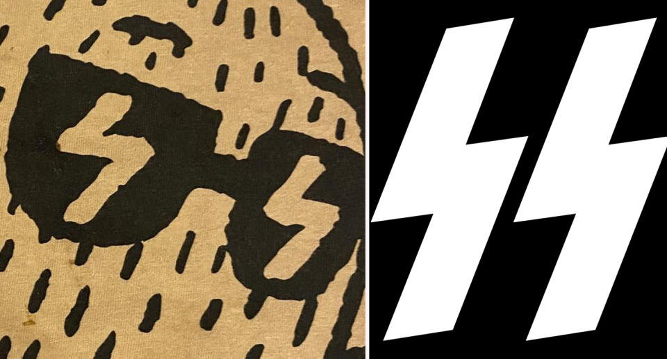 Left: Cotton On Kids T-shirt with lightning bold sunglasses. Right: Nazi SS flag.