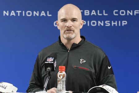 Jan 22, 2017; Atlanta, GA, USA; Atlanta Falcons head coach Dan Quinn speaks to media after the game against the Green Bay Packers in the 2017 NFC Championship Game at the Georgia Dome. Atlanta defeated Green Bay 44-21. Mandatory Credit: Dale Zanine-USA TODAY Sports