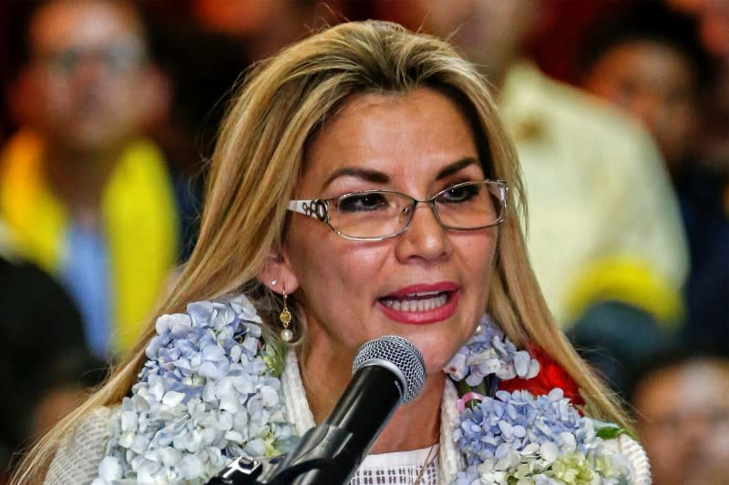 Bolivia’s interim President Jeanine Anez speaks during a ceremony to announce her nomination as presidential candidate for the upcoming elections on May 3, in La Paz, Bolivia