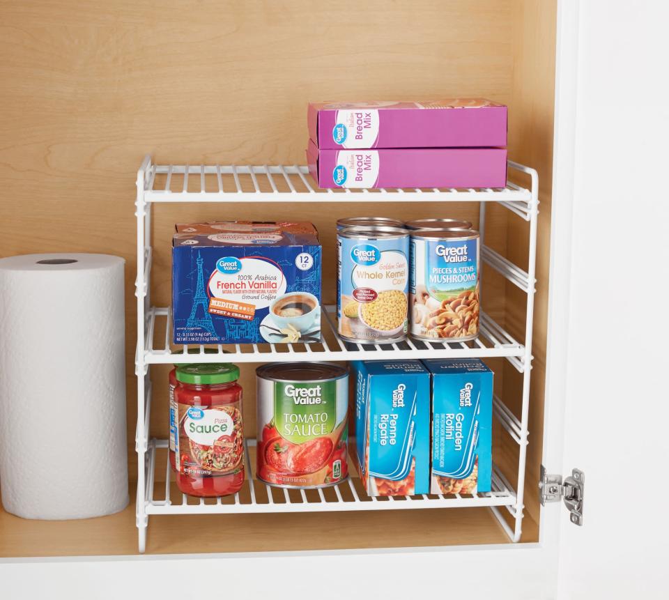 <p>Transform your under cabinet space with the <span>Mainstays 3-Tier Adjustable Storage Shelf</span> ($20).</p>