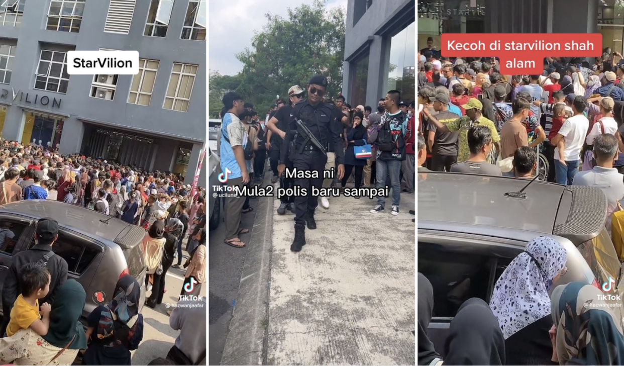 Screen grabs of crowd outside Starvilion store (left), police arriving at scene (middle) and security guard ushering crowd (right)