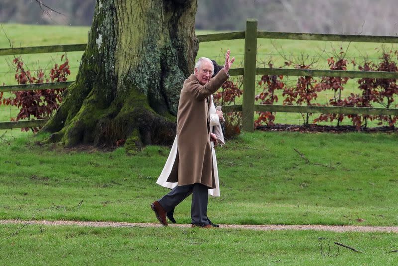 Britain's King Charles attends a church service at St. Mary Magdalene's church