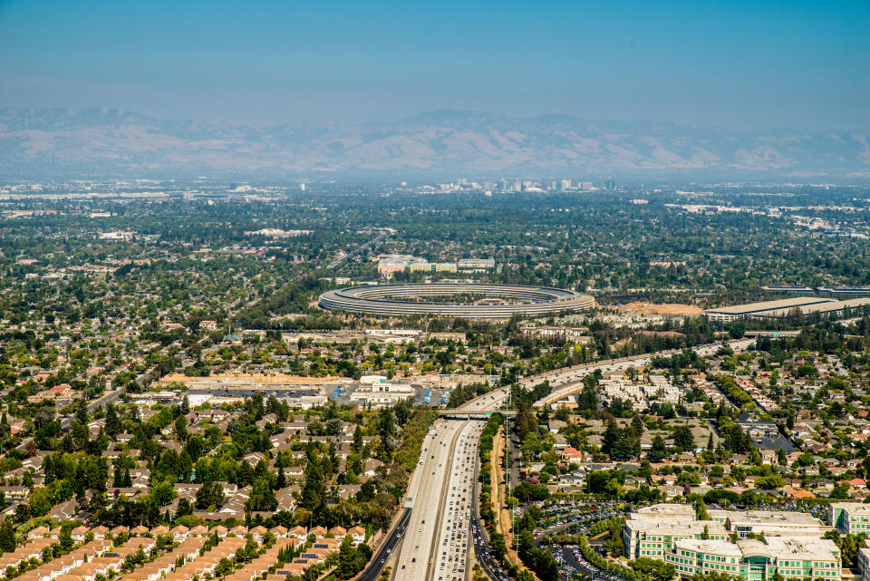 Apple Park in Sunnyvale CA is the headquarters of Apple Computers.  This aerial taken on 08/16/2017 shows the finished structure and landscaping still in progress.  London architect Norman Foster is the designer of the project.