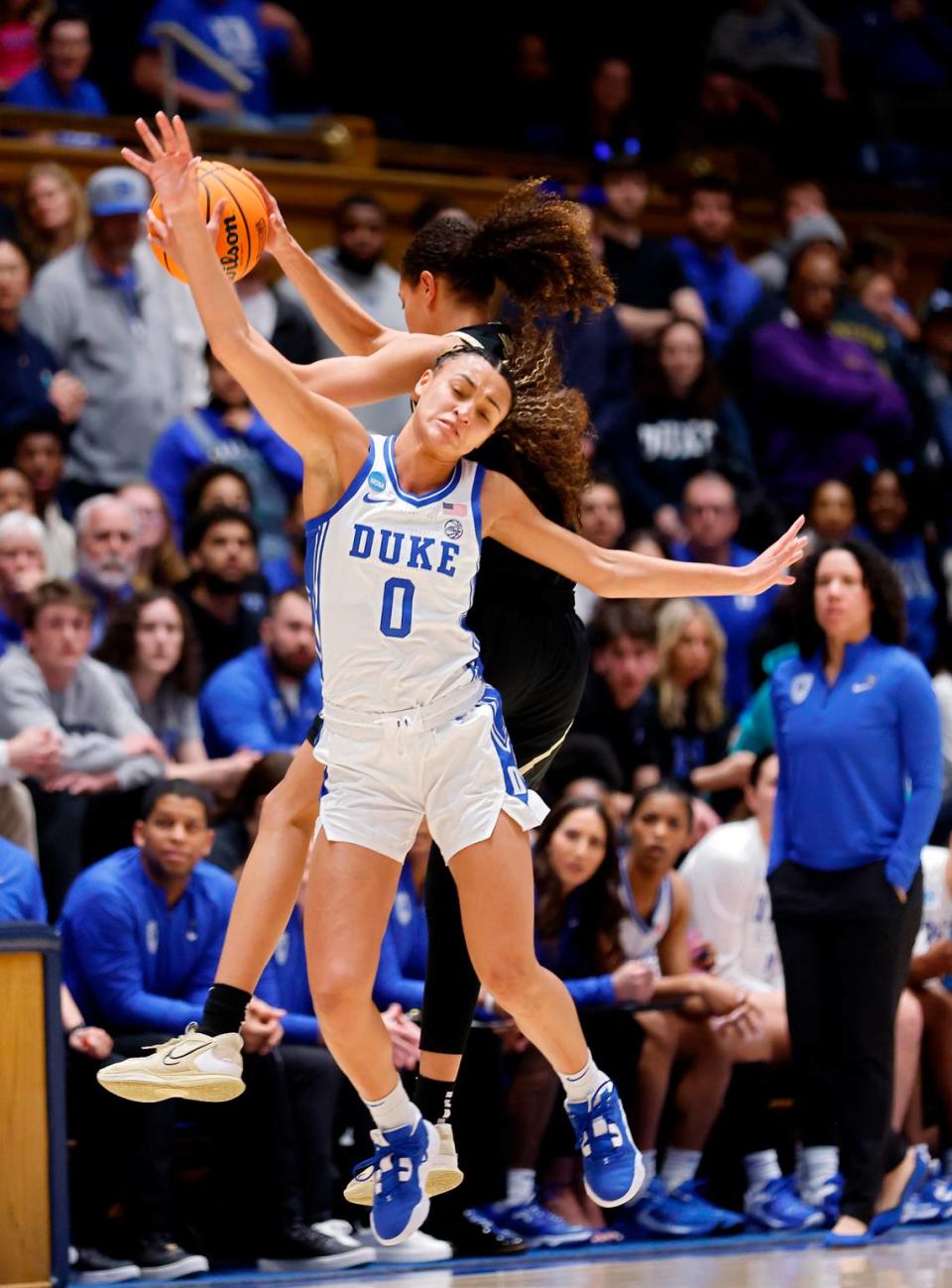 Duke’s Celeste Taylor defends a downcourt pass to Colorado’s Tayanna Jones during the first half of an NCAA Tournament second round game at Cameron Indoor Stadium on Monday, March 20, 2023, in Durham, N.C.