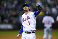 New York Mets' Jeff McNeil (1) gestures to fans during the eighth inning of the team's baseball game against the Washington Nationals on Wednesday, Oct. 5, 2022, in New York. (AP Photo/Frank Franklin II)