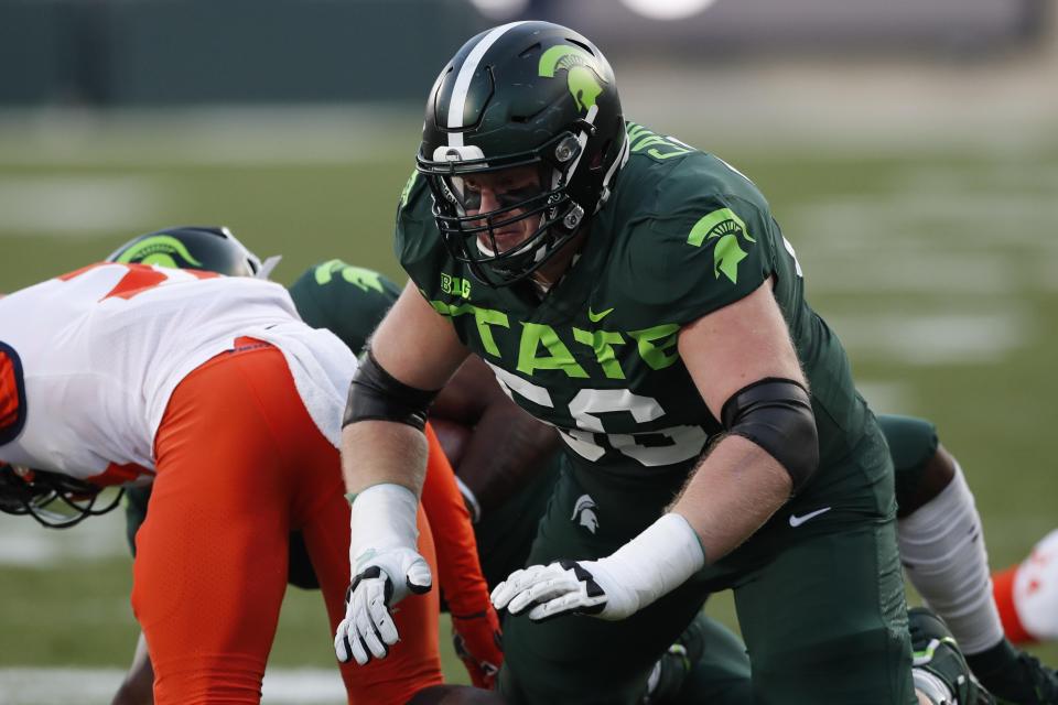 Michigan State guard Matt Carrick blocks during the first half of a home game against Illinois, Saturday, Nov. 9, 2019, in East Lansing