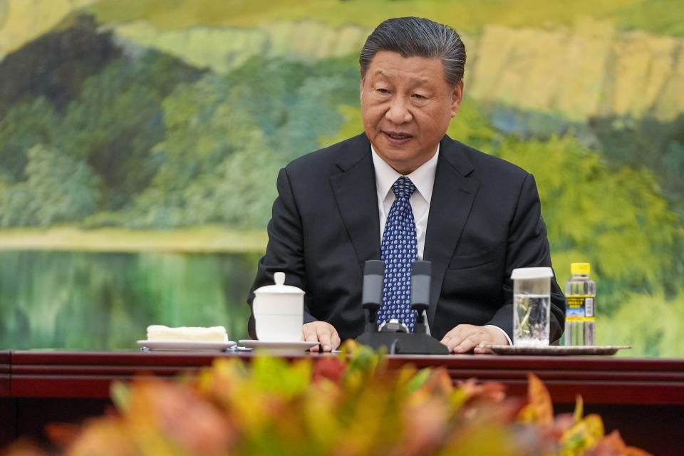 Chinese President Xi Jinping talks to U.S. Secretary of State Antony Blinken at the Great Hall of the People, Friday, April 26, 2024, in Beijing, China. (AP Photo/Mark Schiefelbein, Pool)