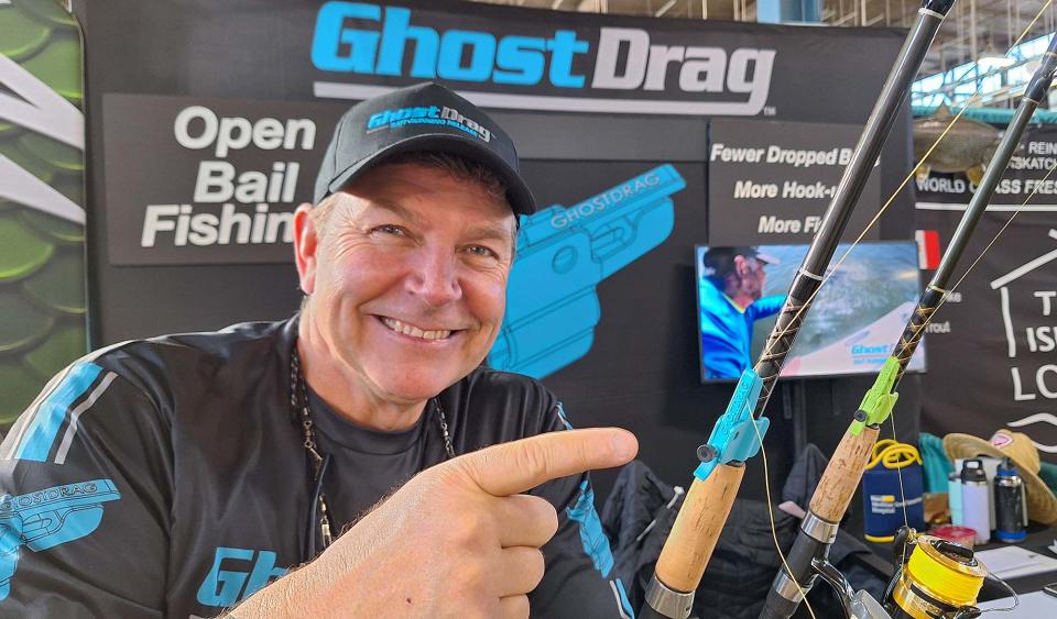 Todd Clayton shows his Ghost Drag bait running release at the Great American Outdoor Show in Harrisburg. The invention helps anglers catch more fish with their spinning reels.