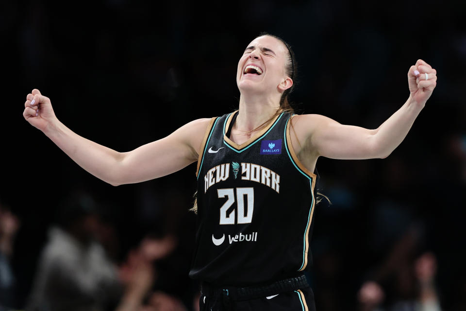 NEW YORK, NEW YORK - SEPTEMBER 24: Sabrina Ionescu #20 of the New York Liberty reacts during the second half against the Atlanta Dream in Game Two of Round One of the WNBA Playoffs at the Barclays Center on September 24, 2024 in the Brooklyn borough of New York City. The Liberty won 91-82. NOTE TO USER: User expressly acknowledges and agrees that by downloading and/or using this photo, User agrees to the terms and conditions of the Getty Images License Agreement. (Photo by Sarah Stier/Getty Images)