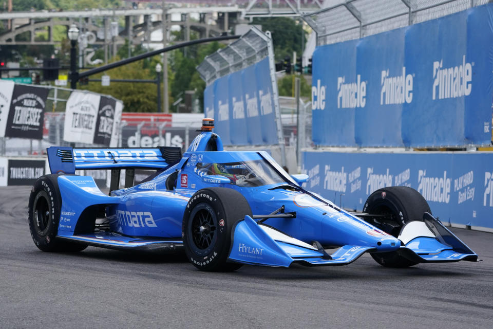 Alex Palou drives during a practice session for the Music City Grand Prix auto race Saturday, Aug. 6, 2022, in Nashville, Tenn. The Music City Grand Prix is scheduled for Sunday, Aug. 7. (AP Photo/Mark Humphrey)