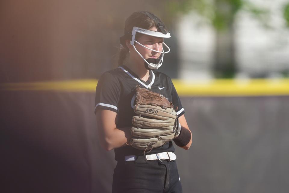 Cascade Cadets Tara Gruca (3) takes her position at short stop during the game against the Lutheran Saints on Tuesday, April 30, 2024, at Lutheran High School in Indianapolis. The Cascade Cadets defeated the Lutheran Saints 9-1.