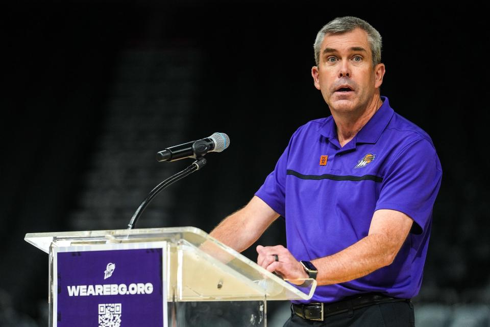 Jim Pitman, Phoenix Mercury General Manager, speaks to attendees during a rally for Brittney Griner's release at the Footprint Center on July 6, 2022, in Phoenix.