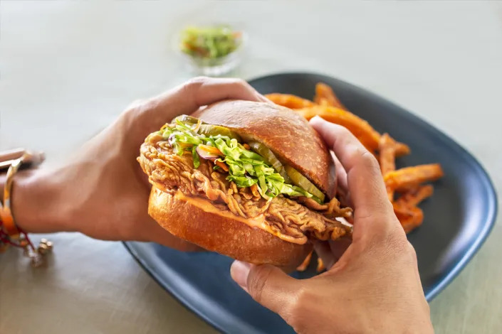 Hands hold a chicken sandwich over a blue plate with fries on it.