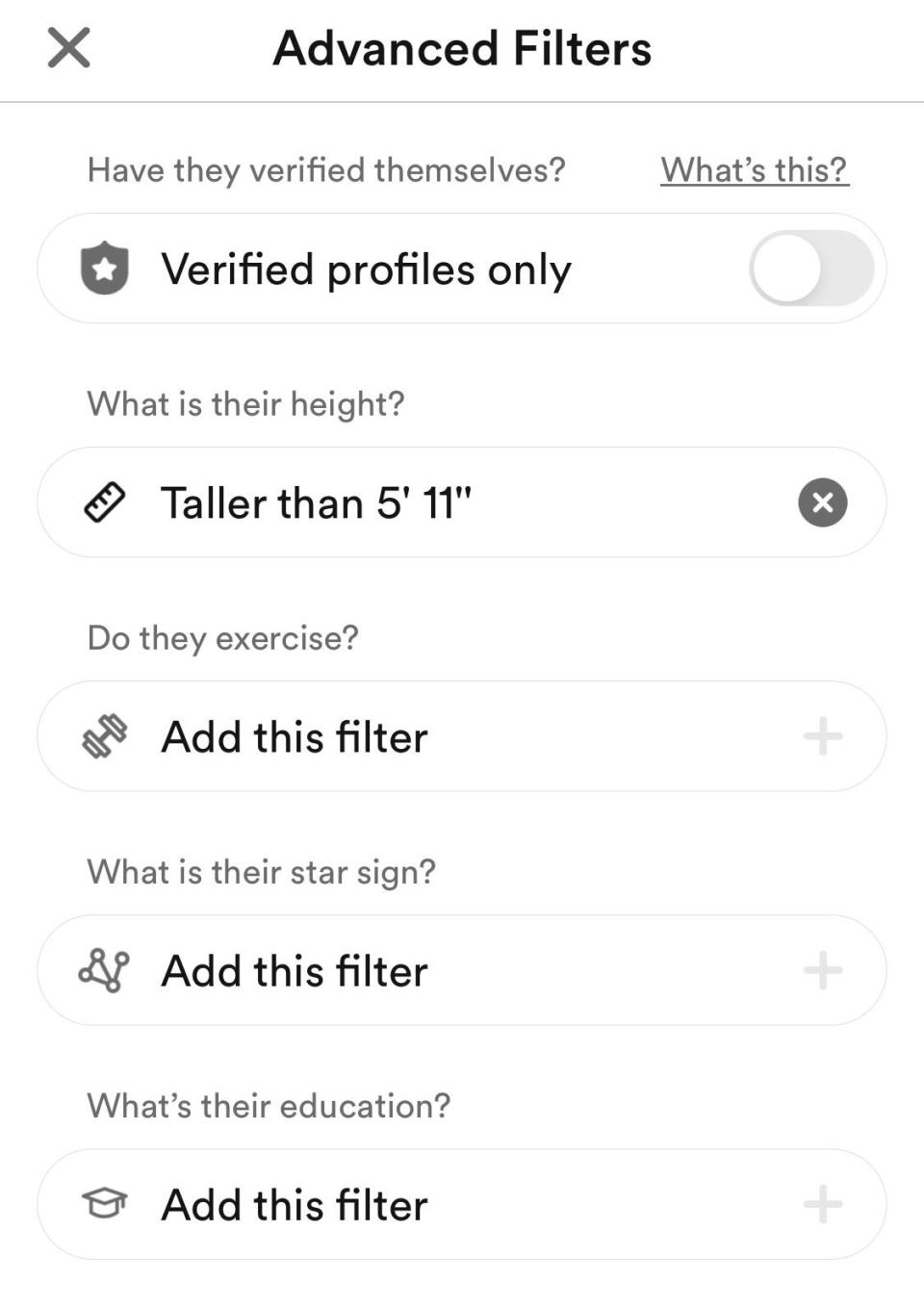 Screenshot of filters on a dating app