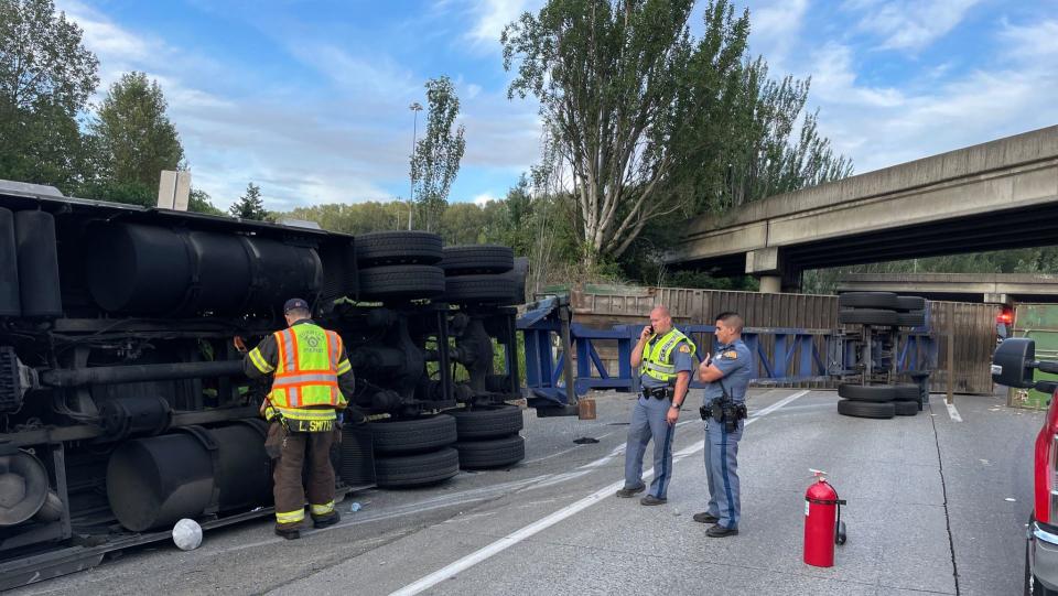 The semi's trailer broke in half.