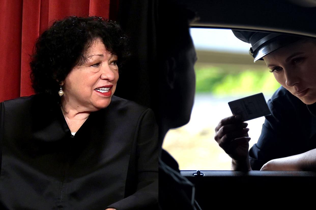 Justice Sonia Sotomayor on one side of the frame, a police officer during a stop examining a license on the other side of the frame.