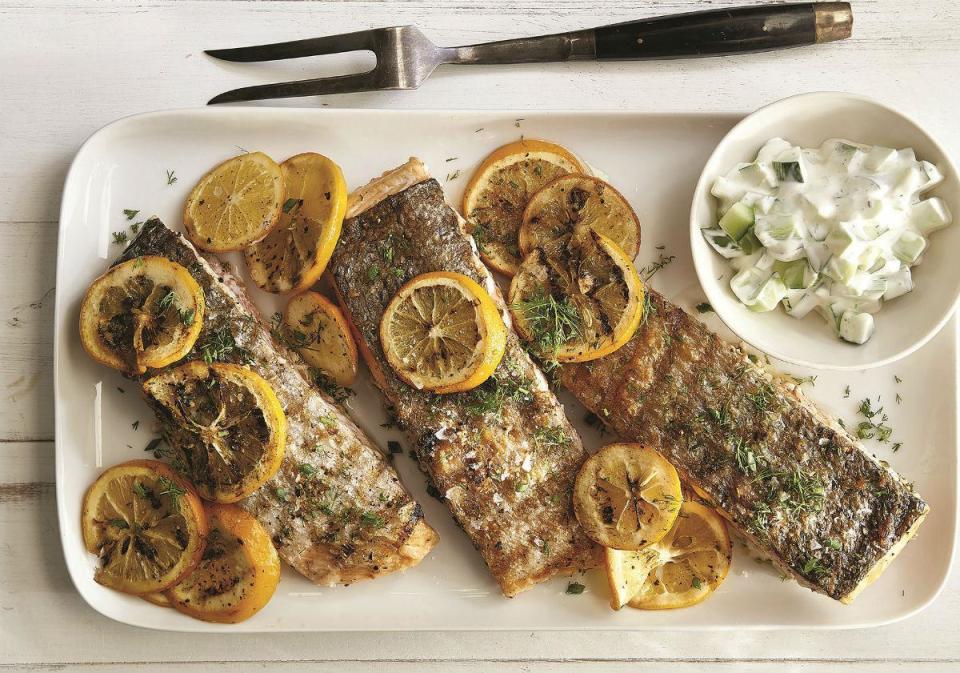 Grilled Salmon With Meyer Lemons and Creamy Cucumber Salad