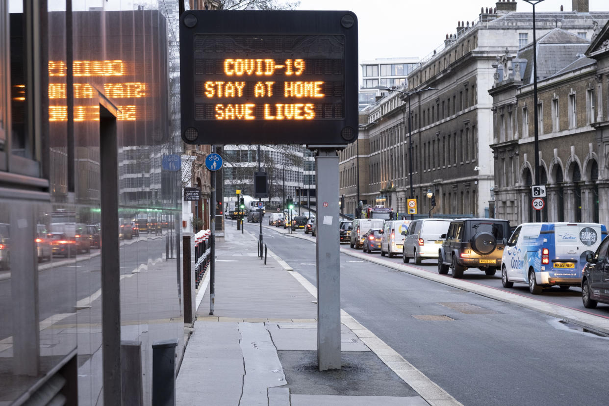 Sign for motorists on Upper Thames Street as the national coronavirus lockdown three continues on 28th January 2021 in London, United Kingdom. Following the surge in cases over the Winter including a new UK variant of Covid-19, this nationwide lockdown advises all citizens to follow the message to stay at home, protect the NHS and save lives. (photo by Mike Kemp/In Pictures via Getty Images)