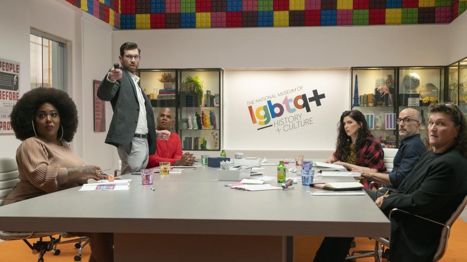 (from left) Angela (Ts Madison), Bobby (Billy Eichner), Wanda (Miss Lawrence), Tamara (Eve Lindley), Robert (Jim Rash) and Cherry (Dot-Marie Jones) in Bros, co-written, produced and directed by Nicholas Stoller.