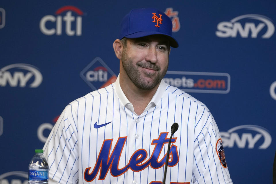 New York Mets baseball pitcher Justin Verlander attends a news conference at Citi Field, Tuesday, Dec. 20, 2022, in New York. The team introduced Verlander after they agreed to a $86.7 million, two-year contract. It's part of an offseason spending spree in which the Mets have committed $476.7 million on seven free agents. (AP Photo/Seth Wenig)