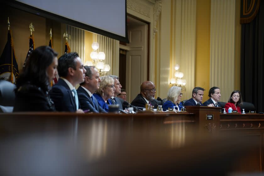 WASHINGTON, DC - OCTOBER 13: The House Select Committee to Investigate the January 6th Attack on the U.S. Capitol, deliver remarks during a hearing of the House Select Committee to Investigate the January 6th Attack on the United States Capitol in the Cannon House Office Building on Thursday, Oct. 13, 2022 in Washington, DC. The bipartisan Select Committee to Investigate the January 6th Attack On the United States Capitol has spent nearly a year conducting more than 1,000 interviews, reviewed more than 140,000 documents day of the attack. (Kent Nishimura / Los Angeles Times)