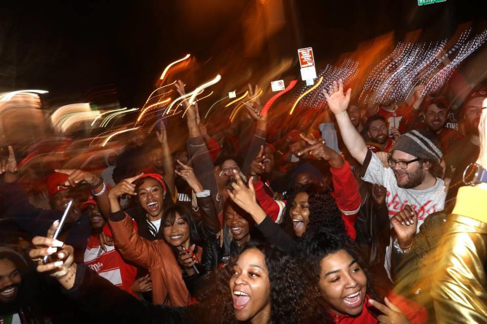 Kansas City fans spill into the streets in Westport as they celebrate the Chiefs victory over San Francisco 49ers in the Super Bowl Sunday February 2, 2020.