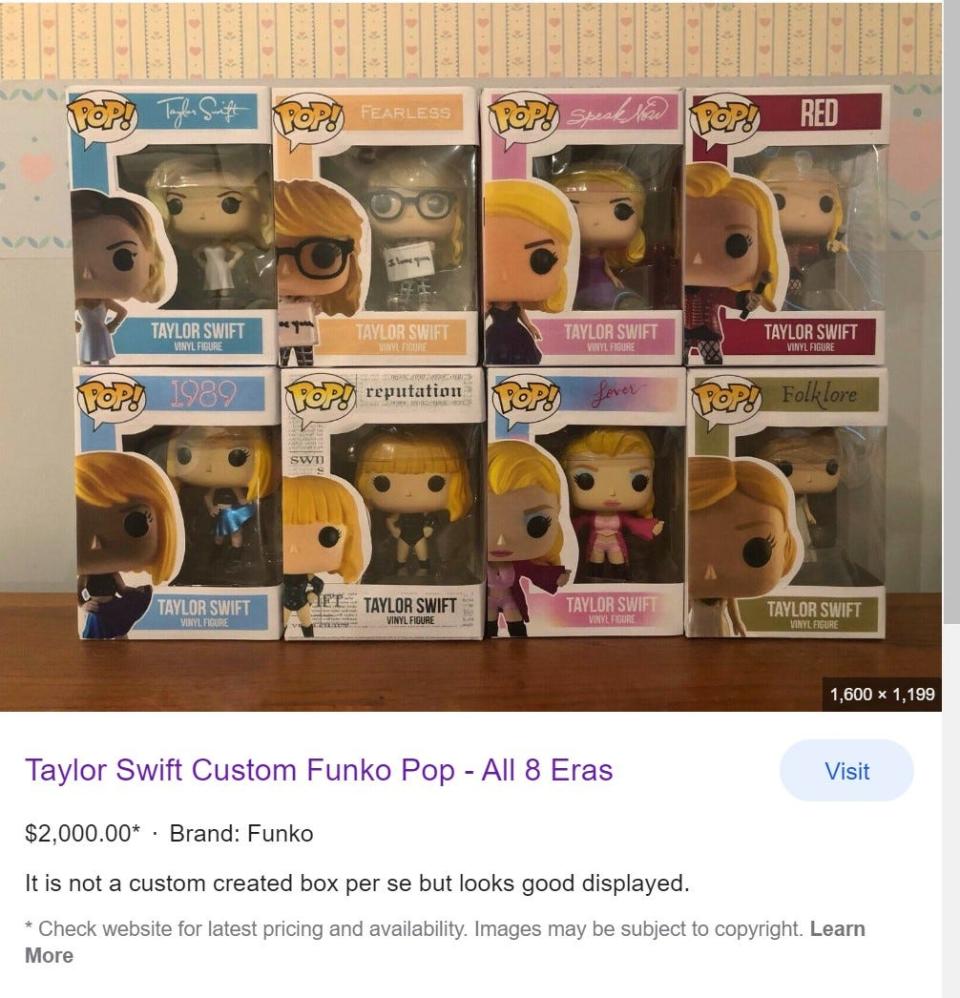 A screenshot of a collection of knockoff Taylor Swift Funko Pops that were attemepted to be sold on Ebay. The company has taken action against the items and the listing is no longer available.