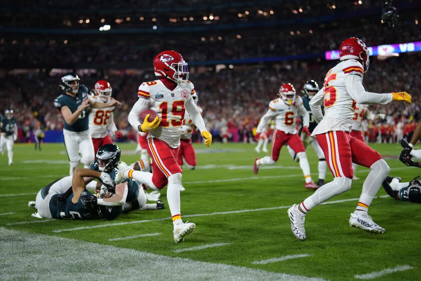 Kansas City Chiefs wide receiver Kadarius Toney (19) carries the ball on a punt return against the Philadelphia Eagles during the second half of the NFL Super Bowl 57 football game, Sunday, Feb. 12, 2023, in Glendale, Ariz. (AP Photo/Matt Slocum)