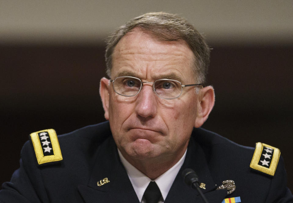 Gen. Robert Abrams, looks to the dais as he testifies before the Senate Armed Services Committee on Capitol Hill in Washington, Tuesday, Sept. 25, 2018. Gen. Abrams is nominated to take command of U.S. and allied forces in South Korea. He says the decision to cancel several major military exercises on the Korean peninsula this year caused a slight degradation in the readiness of American forces. (AP Photo/Carolyn Kaster)
