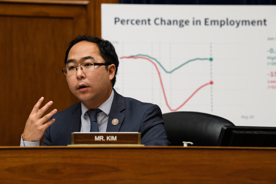 Rep. Andy Kim, a Democrat from New Jersey, speaks during a House Select Subcommittee on the Coronavirus Crisis hearing in Washington, D.C., on Sept. 1. (Nicholas Kamm/AFP/Bloomberg via Getty Images)