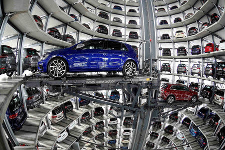 FILE PHOTO: VW cars are loaded in a delivery tower at the plant of German carmaker Volkswagen in Wolfsburg, Germany, March 14, 2017. REUTERS/Fabian Bimmer/File Photo