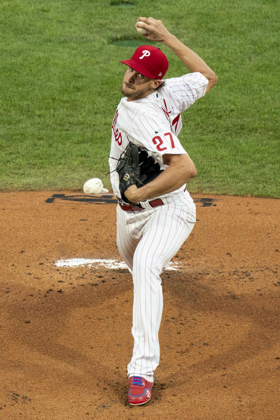 Philadelphia Phillies starting pitcher Aaron Nola throws during the first inning of a baseball game against the Miami Marlins, Friday, July 24, 2020, in Philadelphia. (AP Photo/Chris Szagola)
