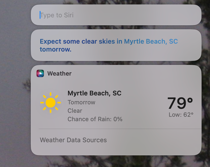 Mac screen showing the type to Siri feature with the Myrtle Beach weather forecast as a result.