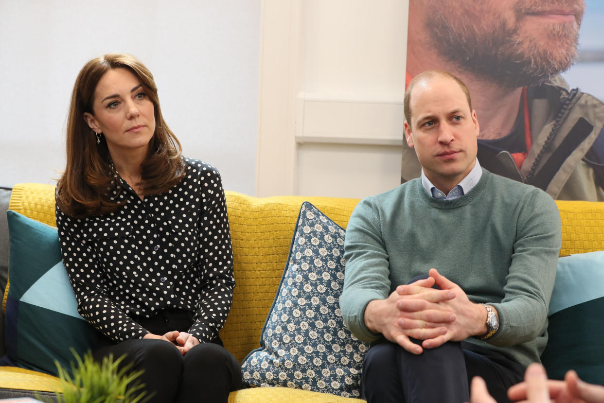 Britain's Prince William (R), Duke of Cambridge, and Britain's Catherine (L), Duchess of Cambridge, talk with campaigners, teachers parents of young people who've been supported and coaches during a visit Jigsaw, the National Centre for Youth Mental Health, in Dublin on March 4, 2020 on the second day of their three day visit. (Photo by Brian Lawless / POOL / AFP) (Photo by BRIAN LAWLESS/POOL/AFP via Getty Images)
