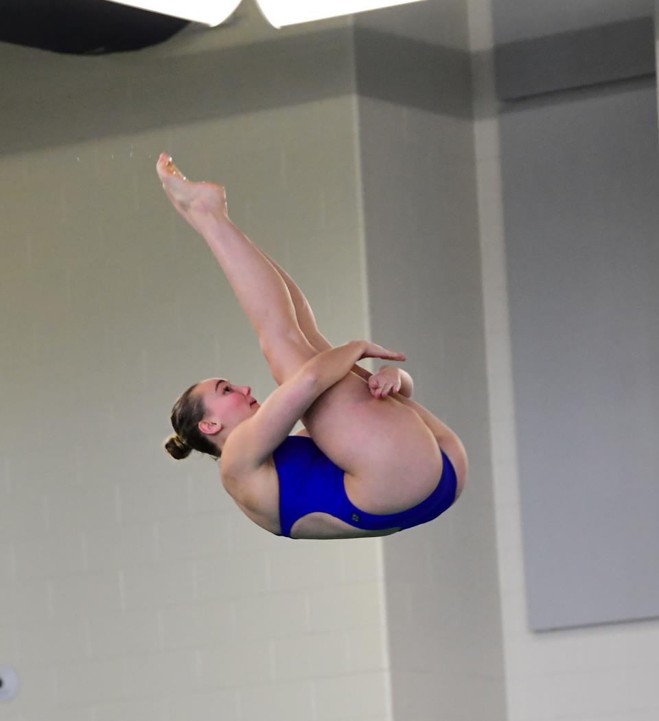 Walnut Hills' Elleka Boeres won the Division I 1-meter girls diving state championship on Wednesday, Feb. 22, 2023 at the C.T. Branin Natatorium in Canton.