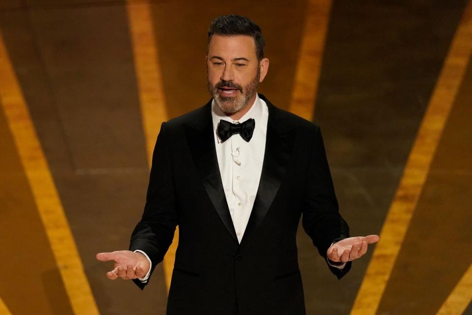 Host Jimmy Kimmel speaks at the Oscars on Sunday, March 12, 2023, at the Dolby Theatre in Los Angeles (Chris Pizzello/AP) (AP)