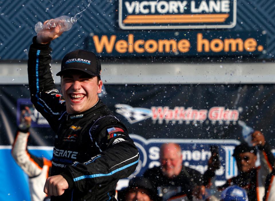 Sam Mayer, driver of the No. 1 Accelerate Pros Talent Chevrolet, celebrates in victory lane after winning the NASCAR Xfinity Series Shriners Children's 200 at The Glen at Watkins Glen International on August 19, 2023 in Watkins Glen, New York.