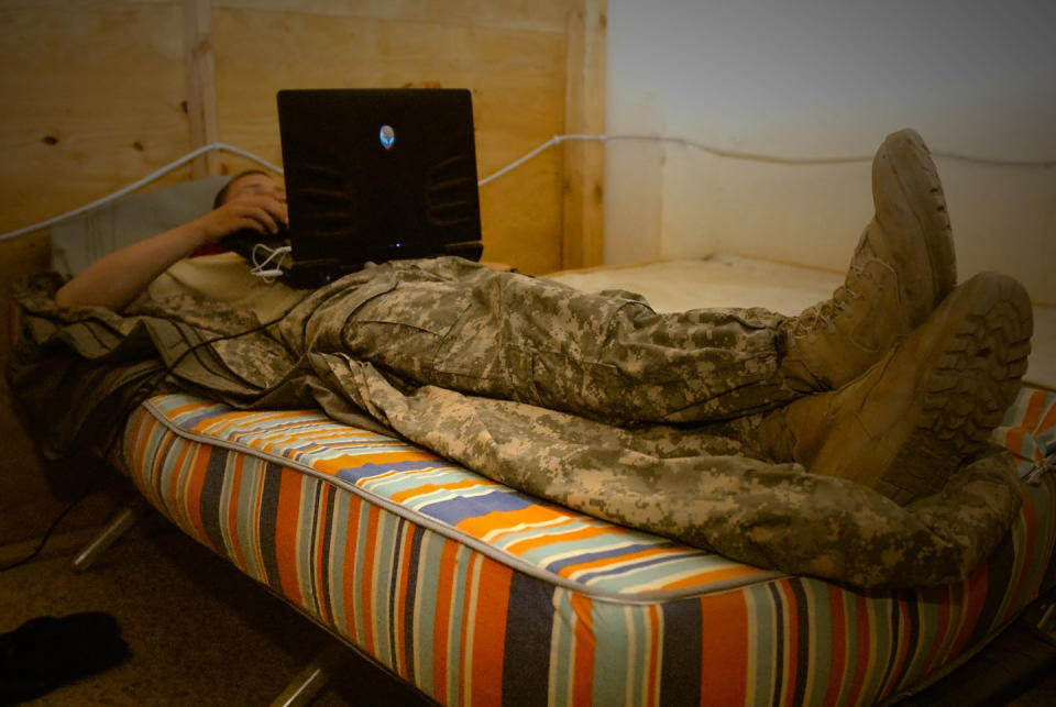 Soldiers at Patrol Base Mahawil sleep in either the bombed-out headquarters building or "tent city," a compound of 12-person tents.&nbsp;