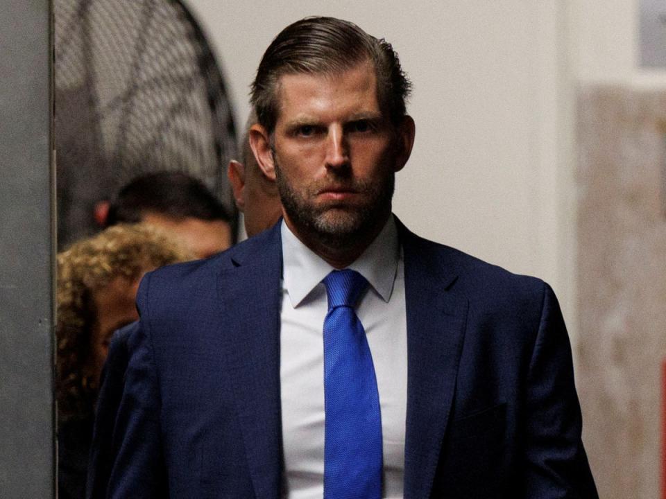 Eric Trump, the son of former US president Donald Trump, attends his father’s criminal trial in New York on Monday 13 May 2024 (Reuters)