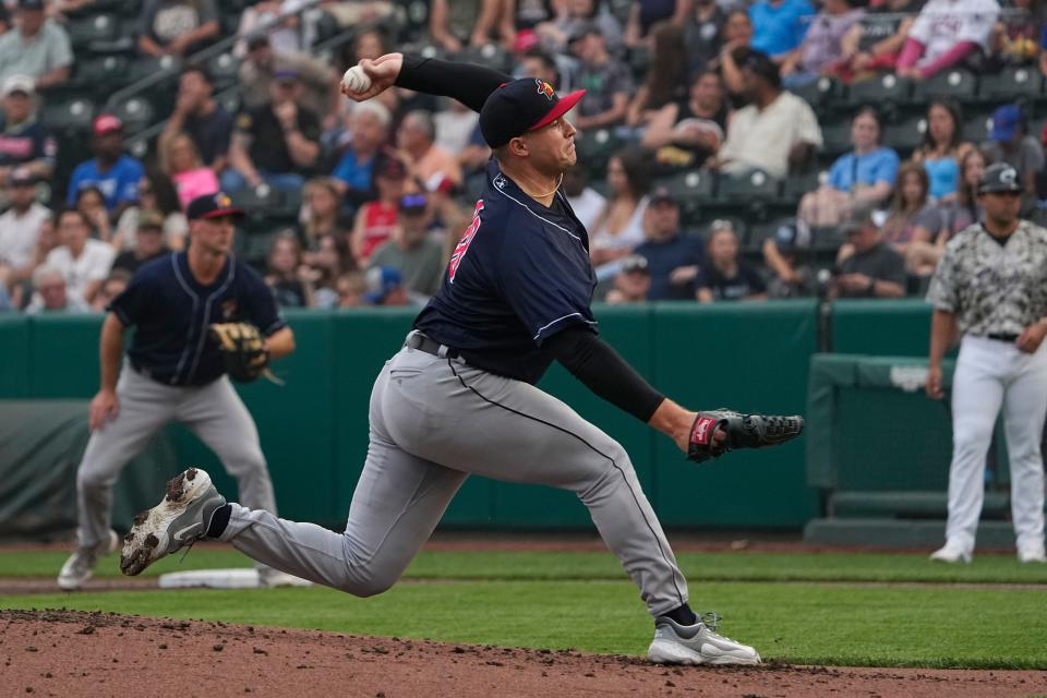 Jun 28, 2023; Columbus, Ohio, USA;  Toledo Mud Hens pitcher Tarik Skubal (38) delivers a pitch during the MiLB baseball game against the Columbus Clippers at Huntington Park. Mandatory Credit: Adam Cairns-The Columbus Dispatch